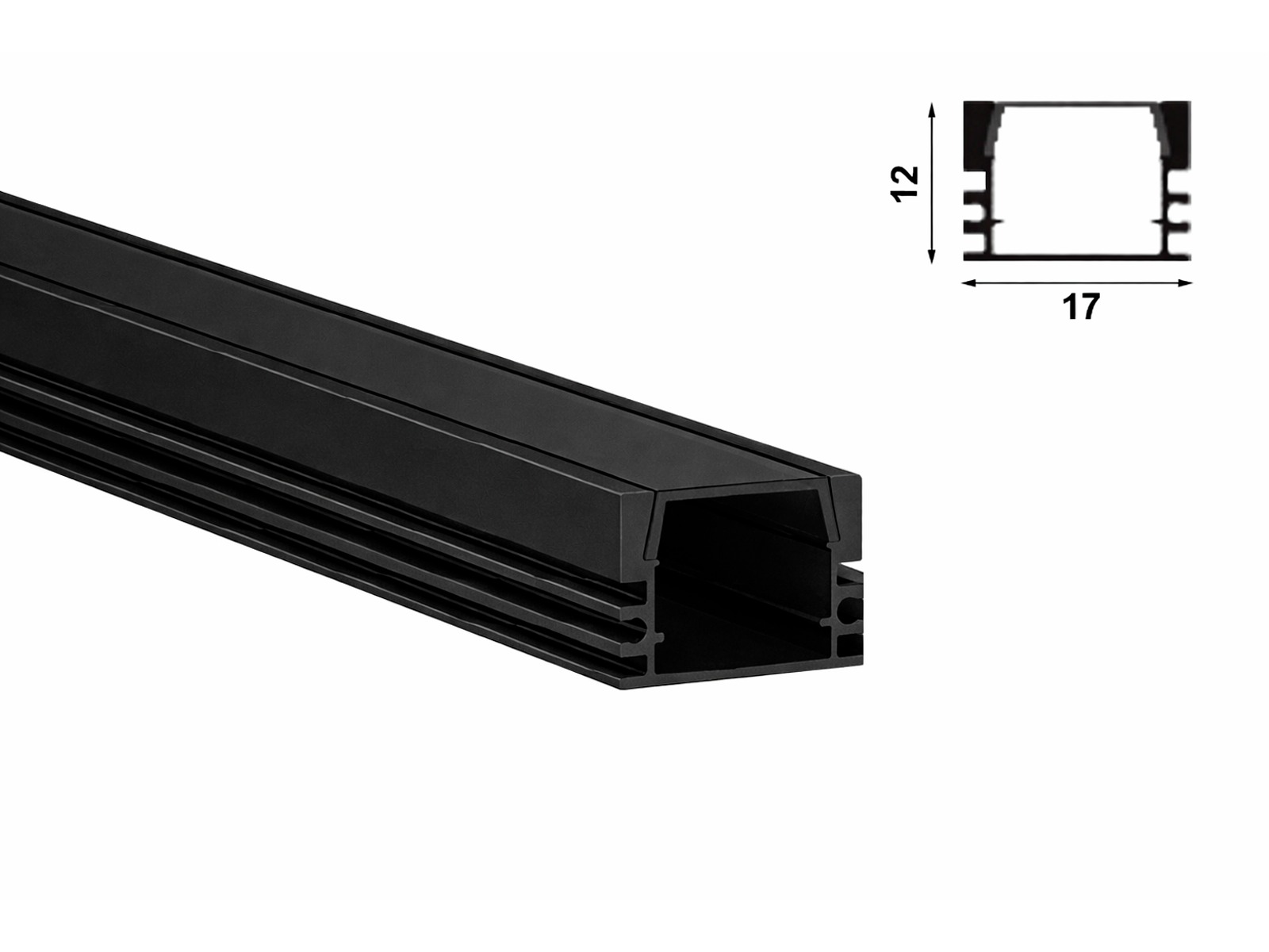 Alu-skinne for LED strip 17x12mm. SORT. 190 cm. inkl. mørkt cover og sorte endestykker.