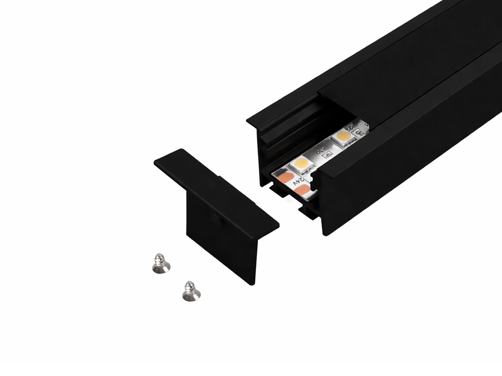 Alu-skinne m/krave for LED strip 25x25mm. SORT. 190 cm. inkl. mørkt cover og sorte endestykker.