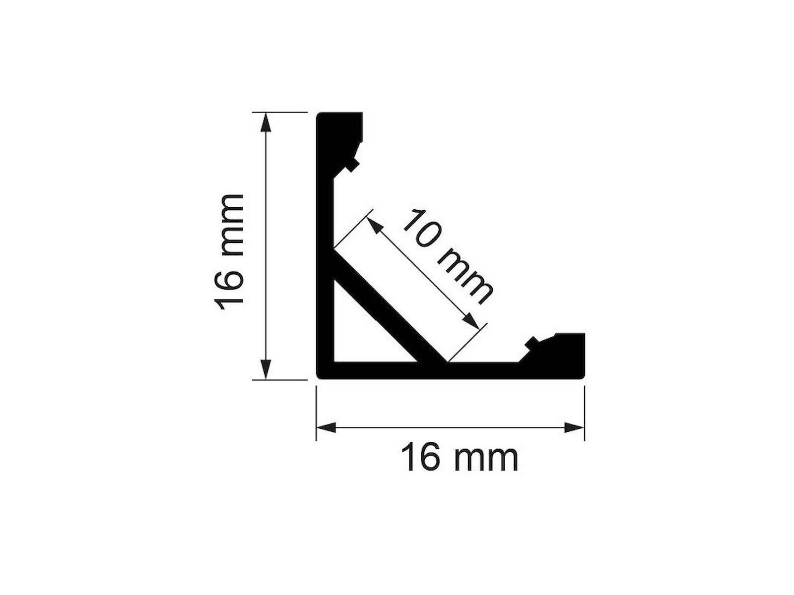 Hjørne-aluminiumsprofil 10 mm til LED strip. 2 m. inkl. opal cover. 2 clips og endestykker