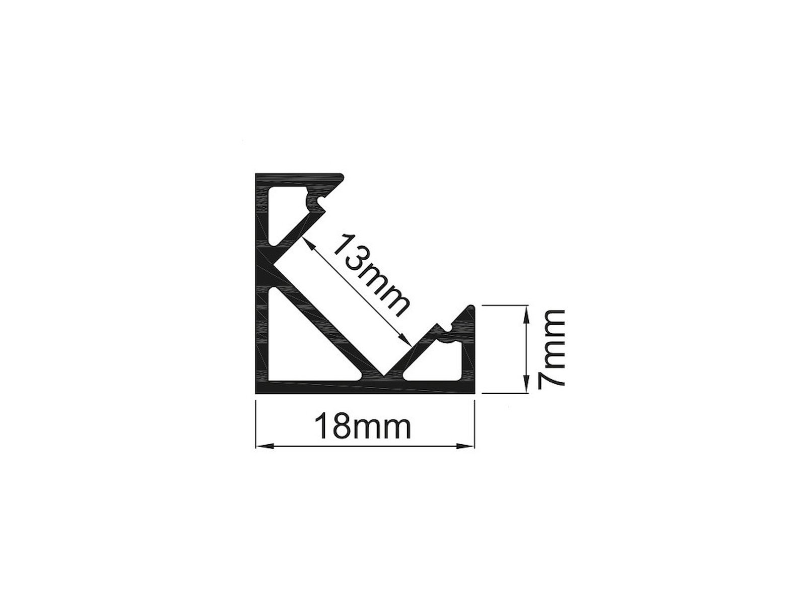Hjørne-aluminiumsprofil 13 mm til LED strip. 2 m. inkl. opal cover. 2 clips og endestykker