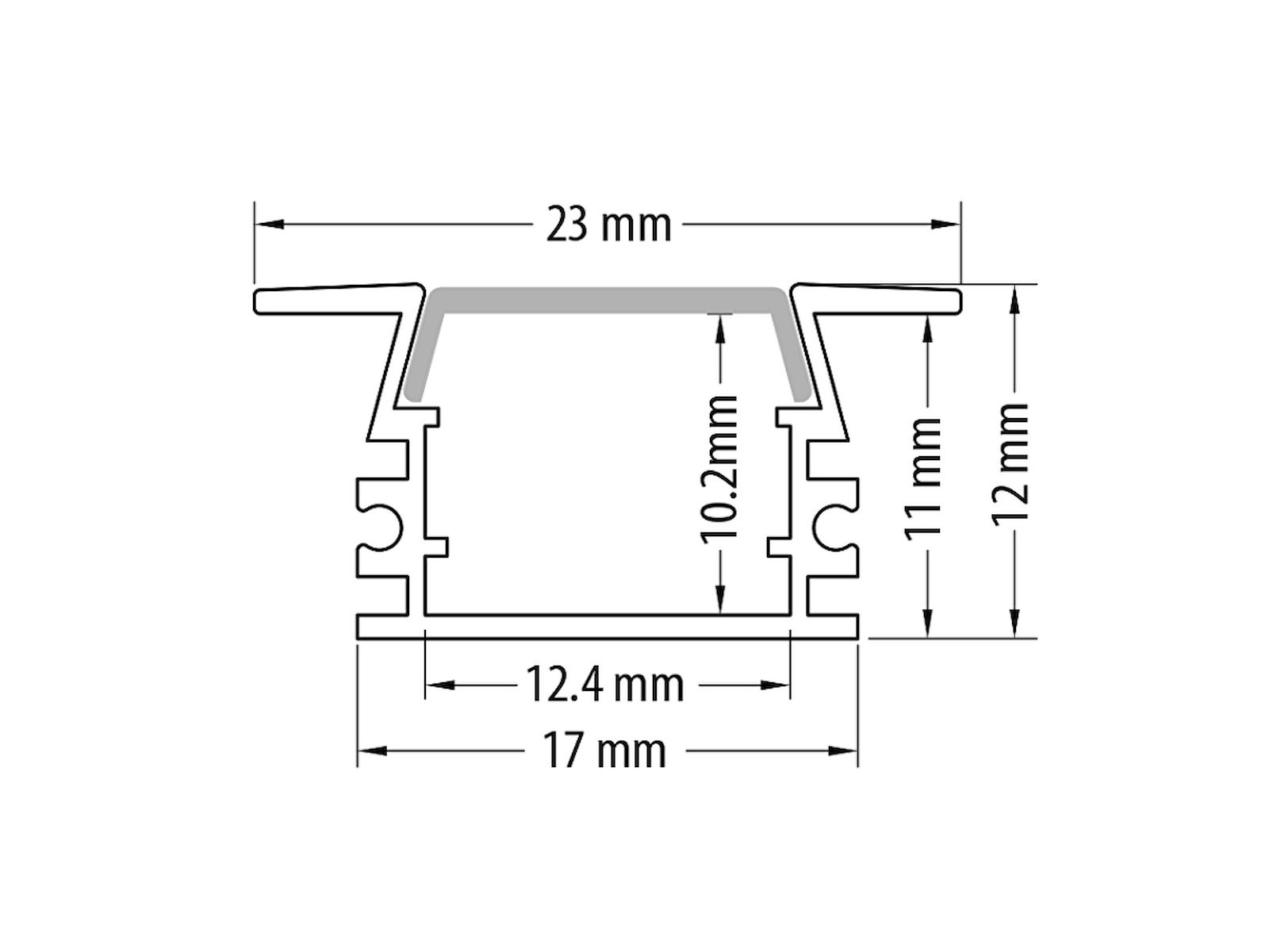Indbygnings-aluminiumsprofil 12 mm til LED strip. 2 m. inkl. opal cover. 2 clips og endestykker