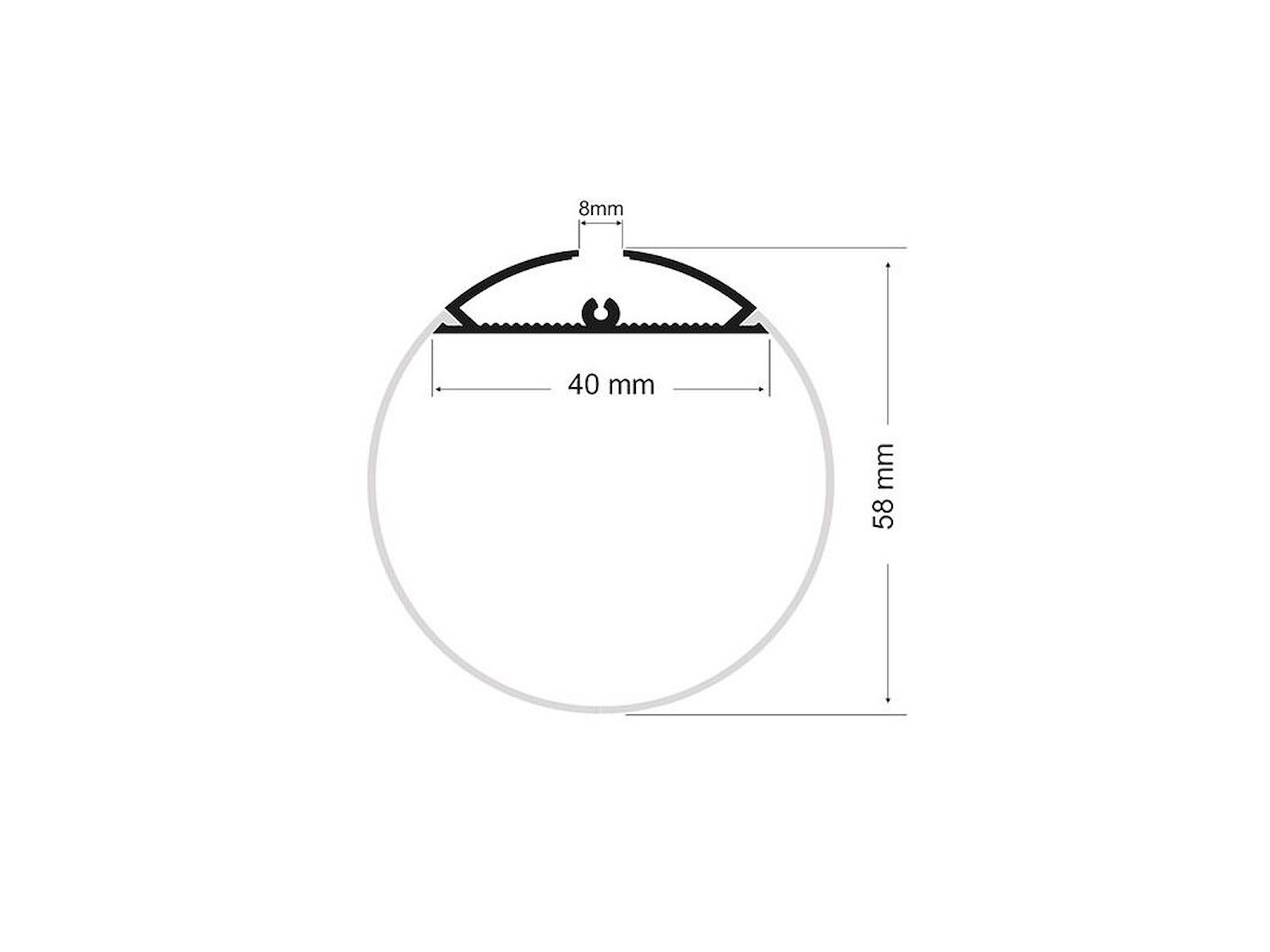 Aluminiumsprofil Ø40 mm til LED strip. 2 m. inkl. opal halvmåne cover. 2 beslag og wire
