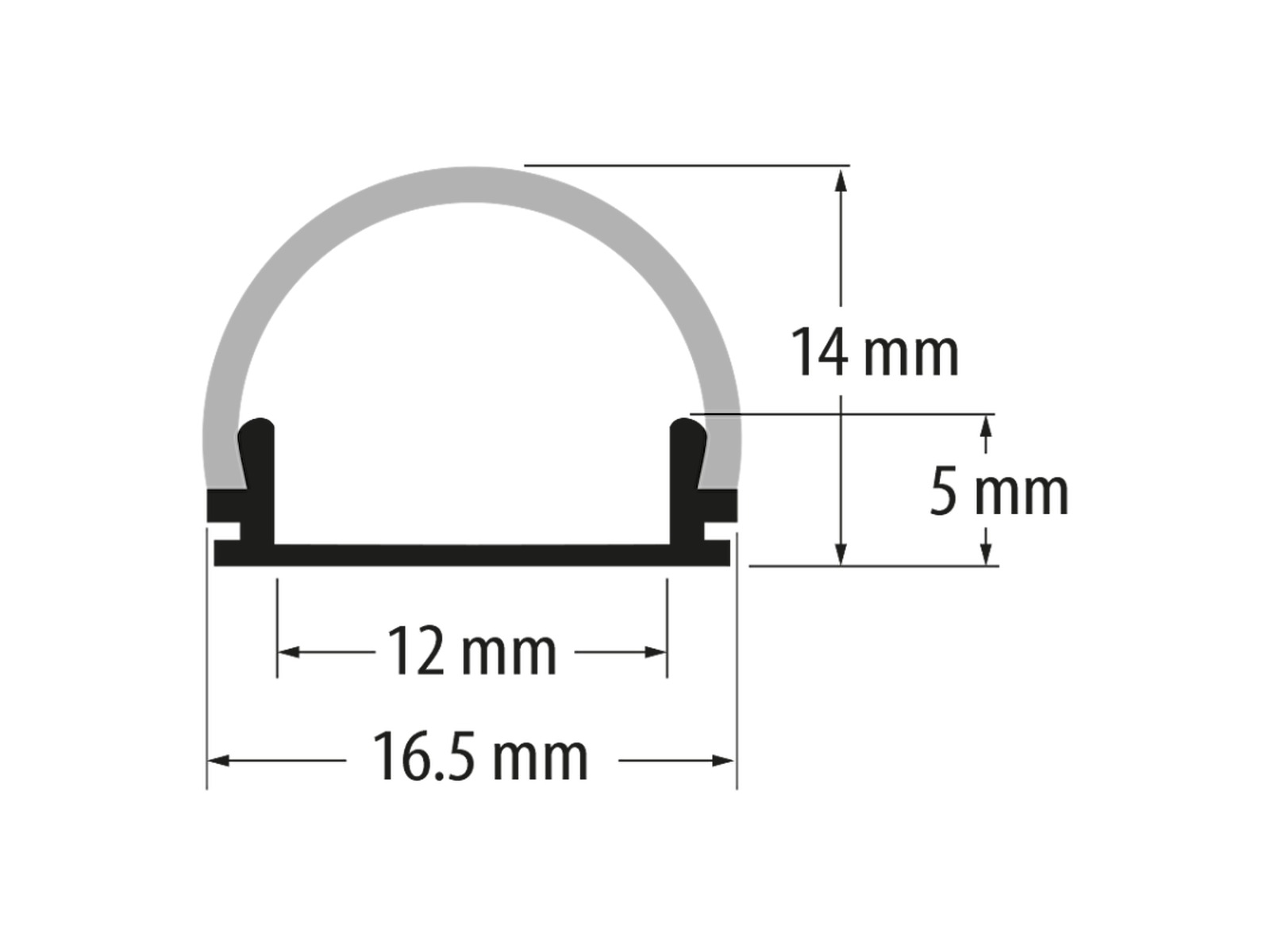 Aluminiumsprofil 12 mm til LED strip. 2 m. inkl. buet opal cover. 2 clips og endestykker