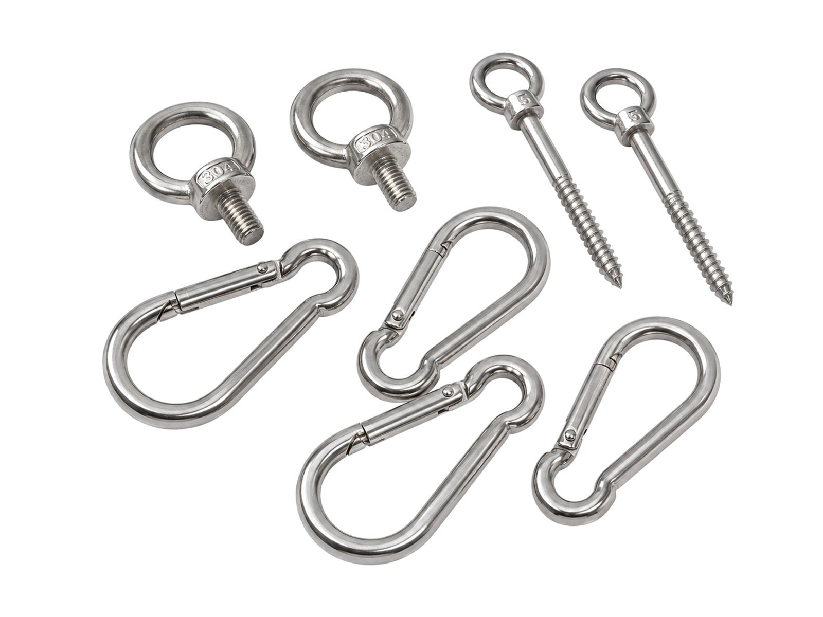 4 Karabiner. 2 Øskner. 2 Øjeskruer. Rustfri