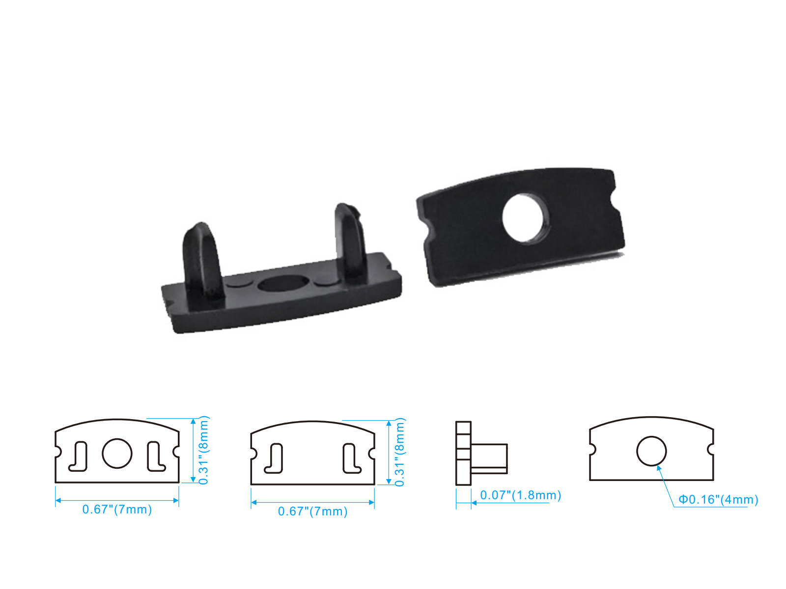 Endestykke-sæt. SORT. for 17x7 mm alu-profil (1 m. hul / 1 uden)