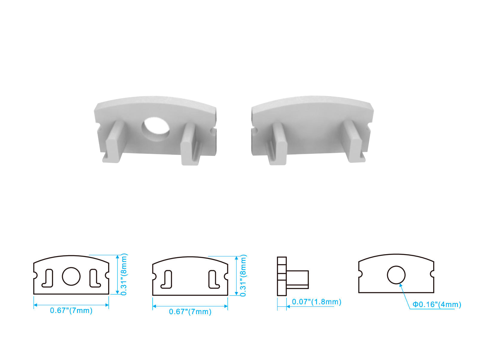 Endestykke-sæt. lysegrå. for 17x7 mm alu-profil (1 m. hul/1 uden)