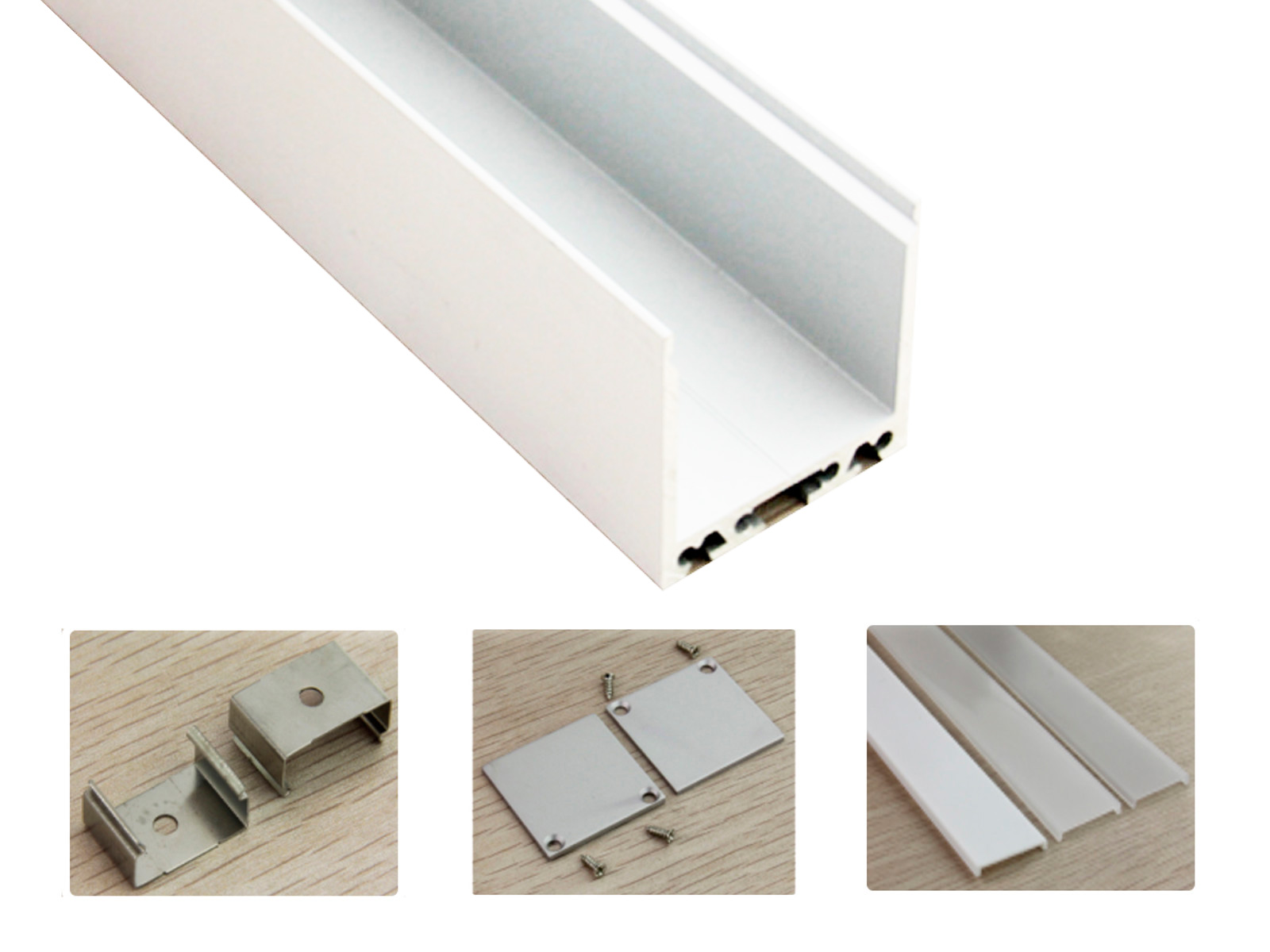 Alu-skinne for LED bånd. 35x35mm. HVID. 180 cm. pakket inkl. cover. endestykker og 2 stk. clips