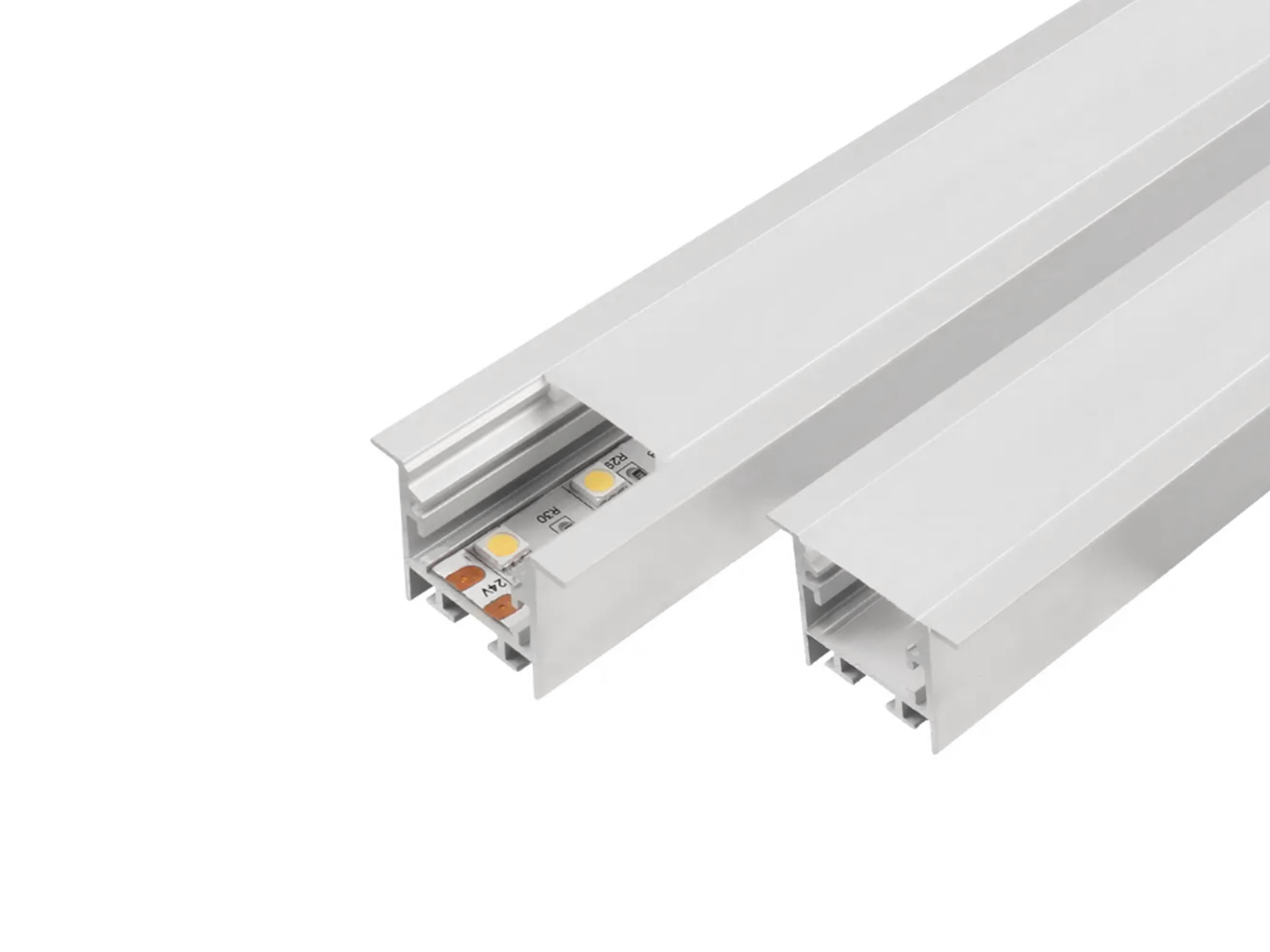 Alu-skinne for LED strip 25x25mm. HVID. 190 cm. inkl. matteret cover og hvide endestykker.