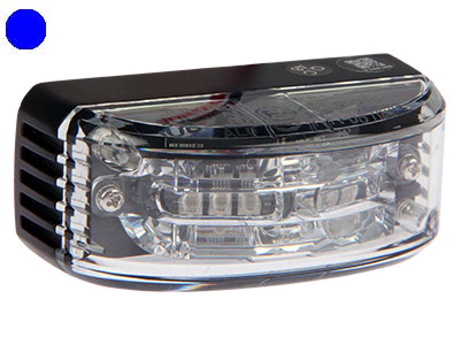 Kompakt LED Flash m/bøjle. Blå. 11-30v. 16 flash mønster. Klar glas. IP67