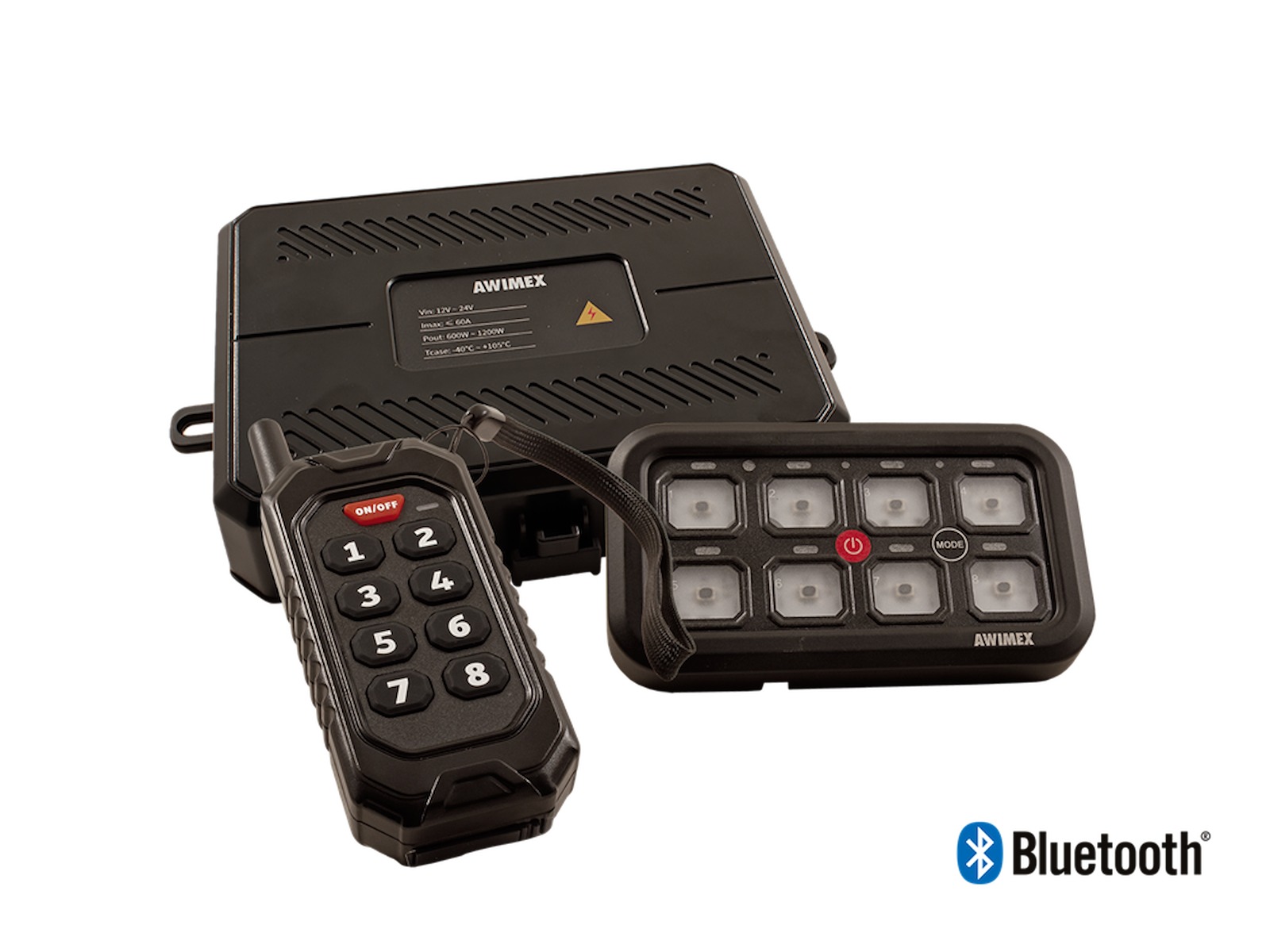 Switch Panel. 12-24V. 8 udgange. IP65.  inkl 50 stk symboler. Bluetooth. Trådløs Fjernbetjening. 