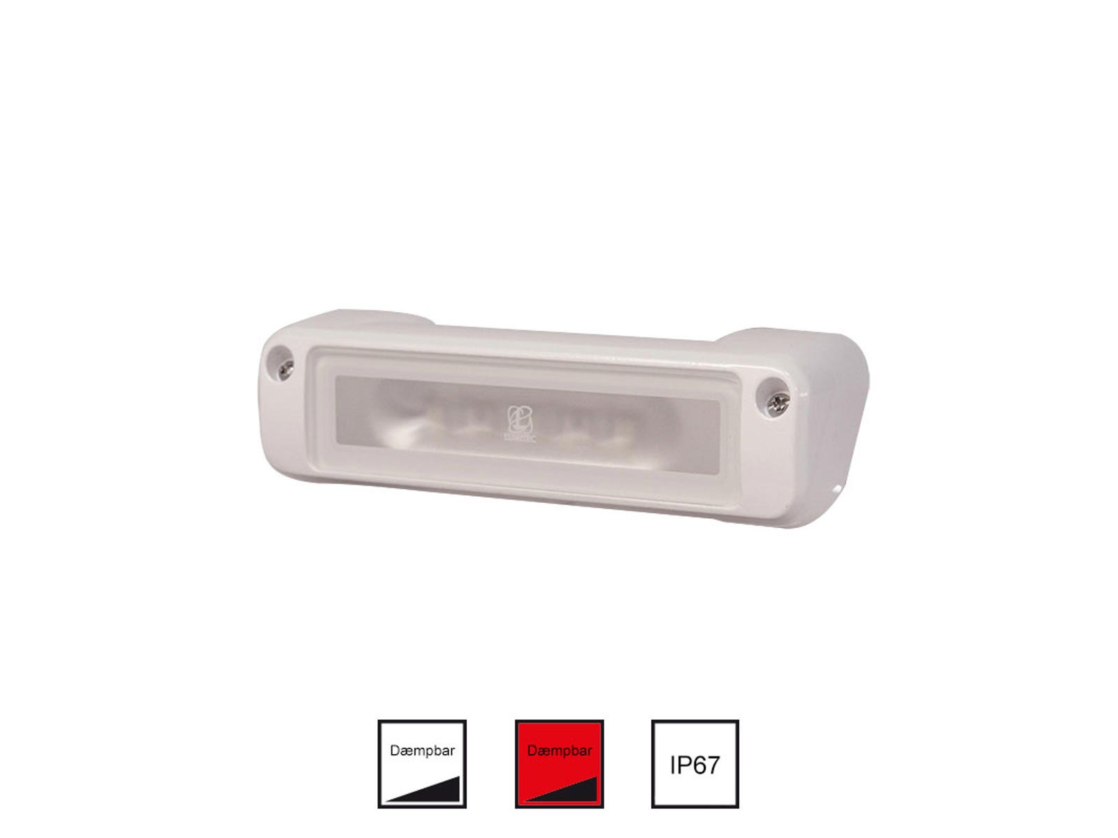 Vandtæt lampe. Perimeter med indbygget dimmer. Hvidt/rødt lys. 10-30V.